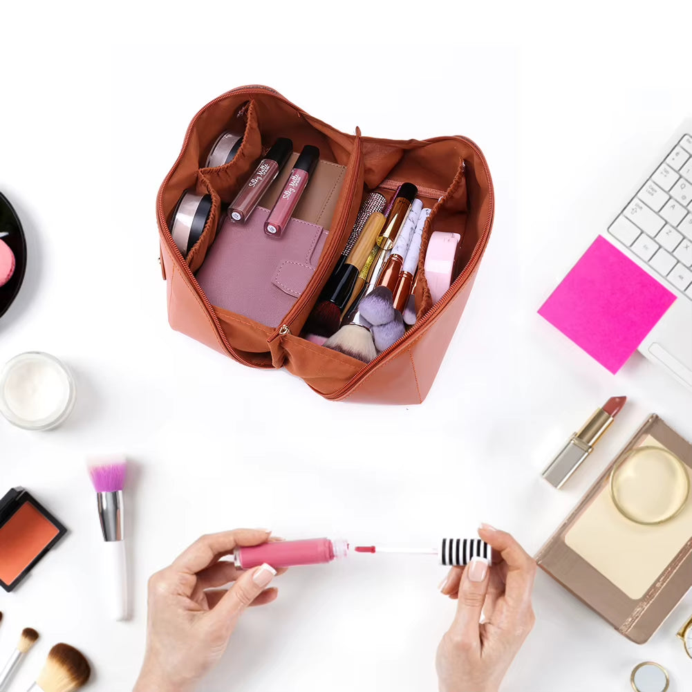 Women Cosmetic Bag Large Capacity Leather Cosmetic Organizer Washing Storage Bag