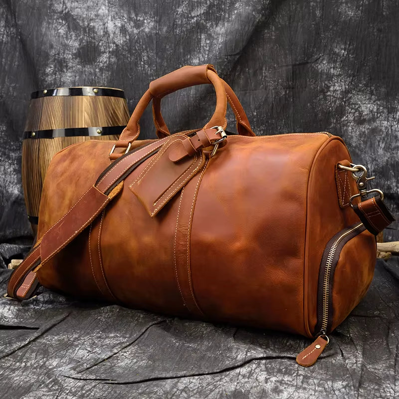 Big Capacity Genuine Leather Men Travel Bag Vintage Crazy Horse Leather Male Travel Duffel Leather Luggage Weekend Bag