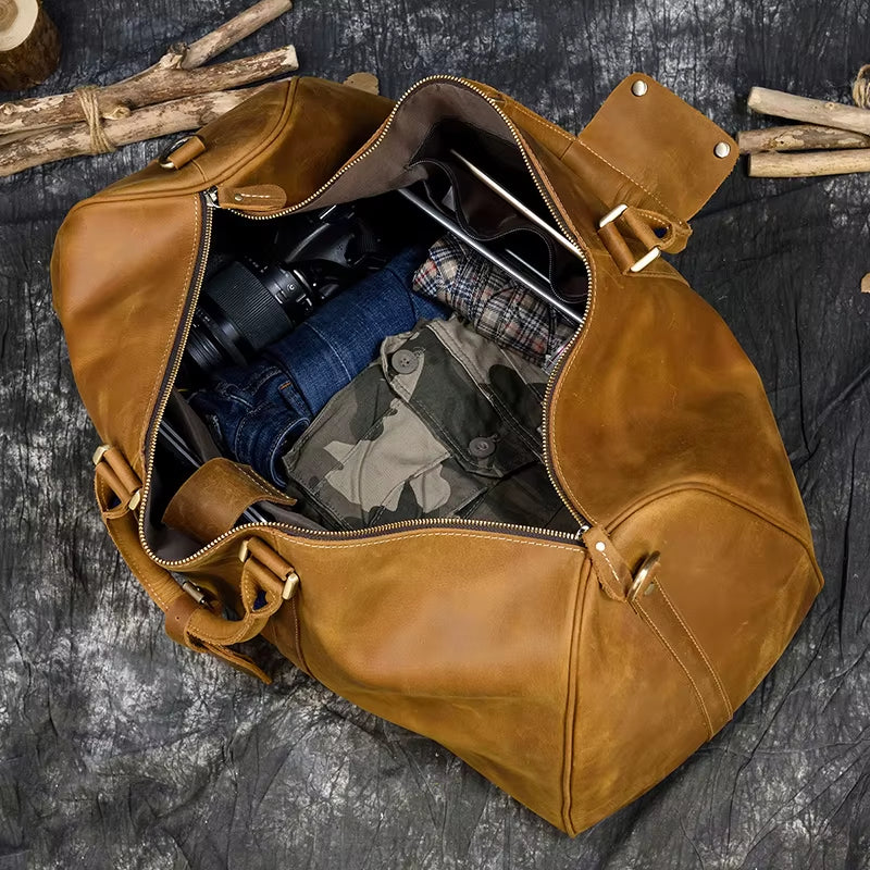 Big Capacity Genuine Leather Men Travel Bag Vintage Crazy Horse Leather Male Travel Duffel Leather Luggage Weekend Bag