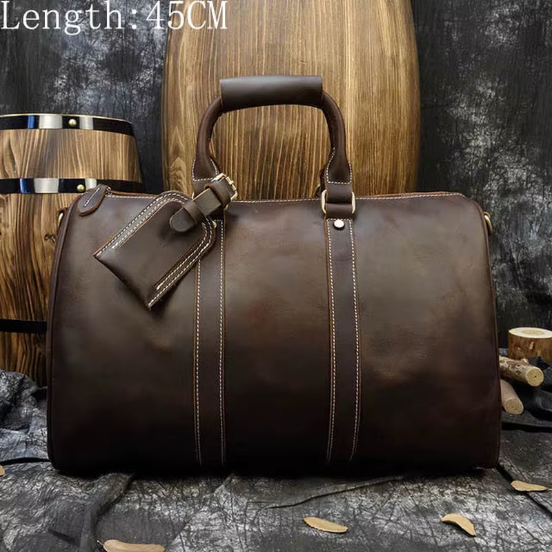 Big Capacity Genuine Leather Men Travel Bag Vintage Crazy Horse Leather Male Travel Duffel Leather Luggage Weekend Bag