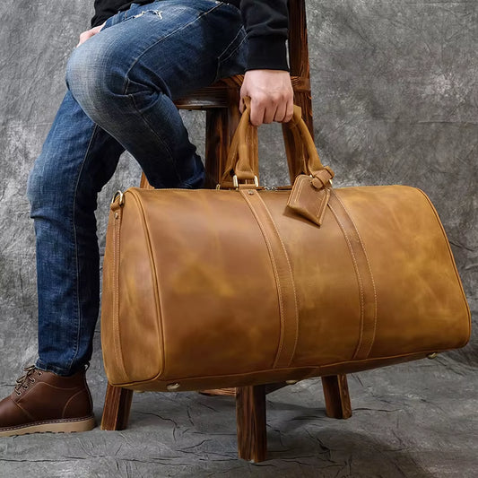 Big Capacity Genuine Leather Men Travel Bag Vintage Crazy Horse Leather Male Travel Duffel Leather Luggage Weekend Bag