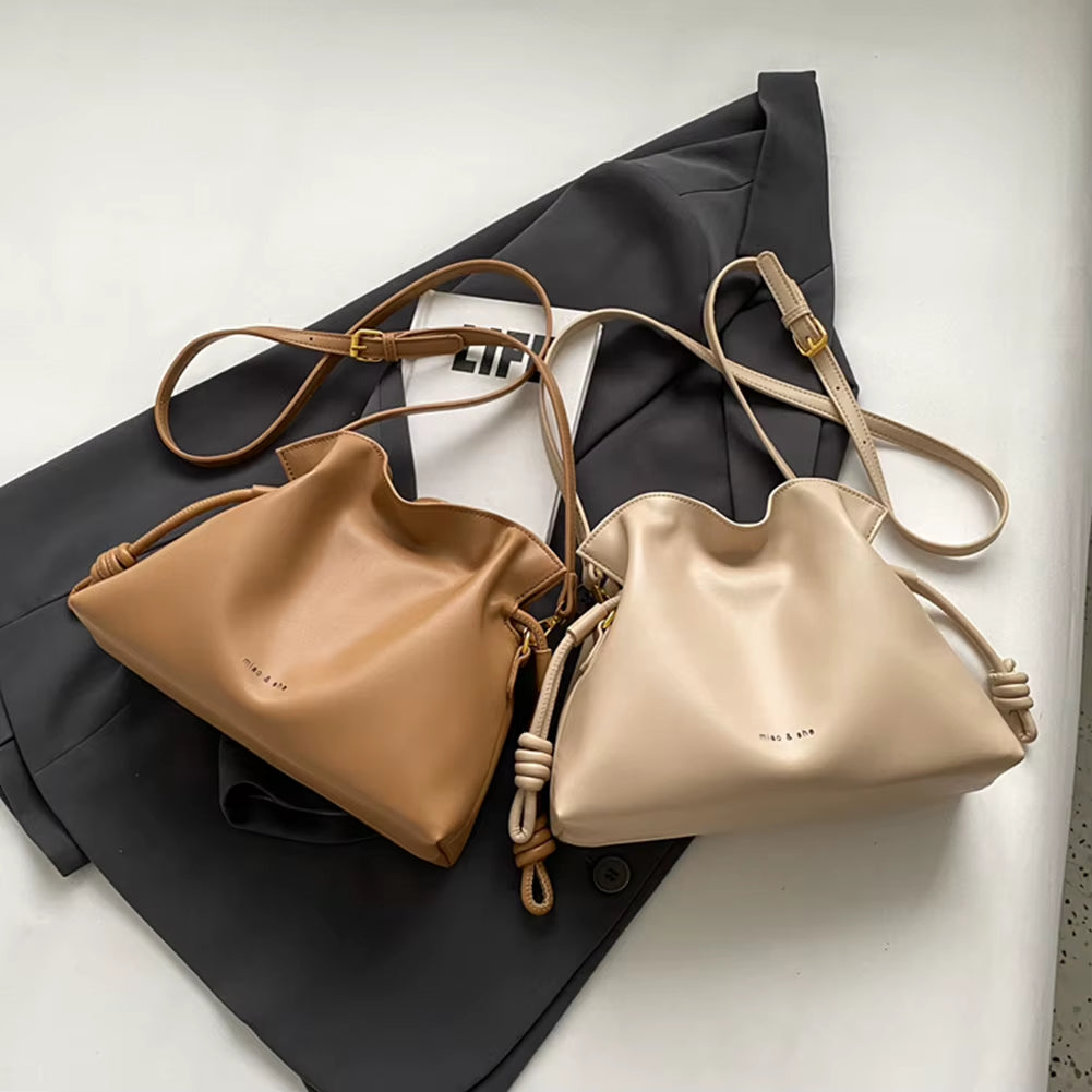 Women Pleated Bucket Bag Solid Color PU Leather Versatile Crossbody Bag Trendy Crossbody Top Handle Bag for Shopping Travel Work
