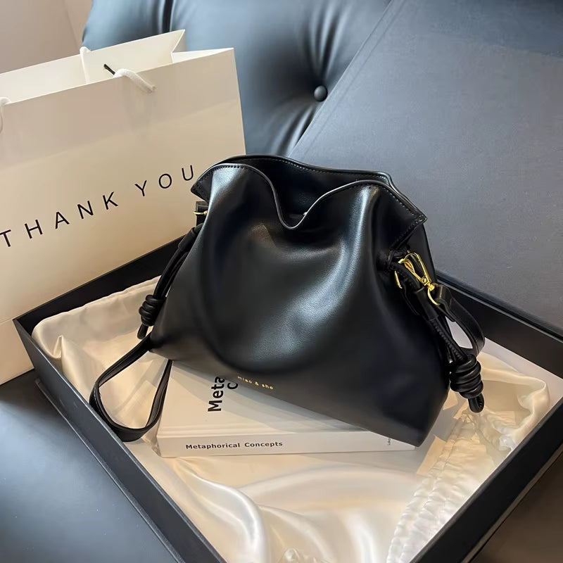 Women Pleated Bucket Bag Solid Color PU Leather Versatile Crossbody Bag Trendy Crossbody Top Handle Bag for Shopping Travel Work