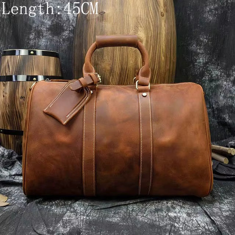 Big Capacity Genuine Leather Men Travel Bag Vintage Crazy Horse Leather Male Travel Duffel Leather Luggage Weekend Bag